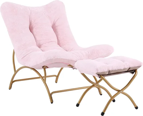 Miniatura 9 de Tiita - Silla acentuada perezosa con otomana, cómoda silla de ocio con estructura metálica y tela de felpa, silla reclinable acogedora con asiento