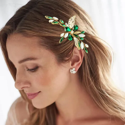 Miniatura 3 de Peine lateral verde nupcial con hojas de cristal para boda, accesorios pequeños para mujeres y niñas, fiesta (verde esmeralda)