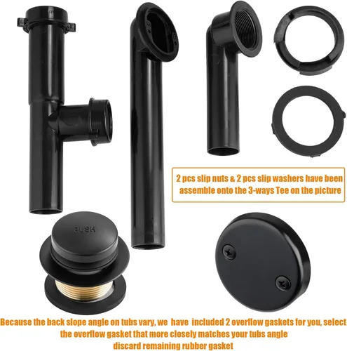 Miniatura 3 de Artiwell Kit de drenaje tubular de baño negro de 1-1/2 pulgadas con tapón de drenaje de baño accionado con la punta del pie, drenaje de bañera Negro