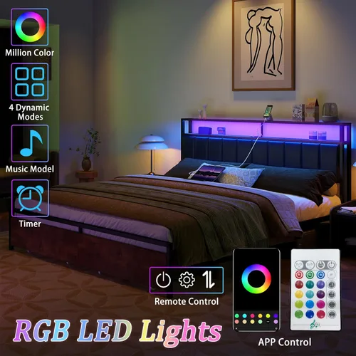 Miniatura 3 de AMERLIFE Marco de cama LED con 2 cajones y cabecero de 2 niveles