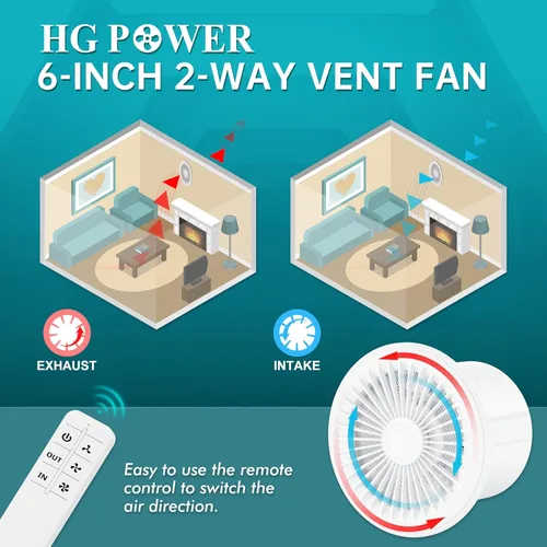 Miniatura 6 de HG Power - Ventilador de escape de baño de 4 pulgadas, ventilador de ventana reversible de 2 vías con control remoto, 3 velocidades 2300RPM de bajo