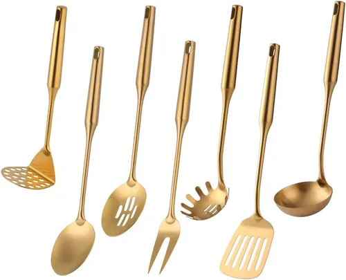 Juego de utensilios de cocina de mango redondo, 7 piezas, acero inoxidable 304 chapado en titanio dorado con tenedor/cuchara pública, trituradores