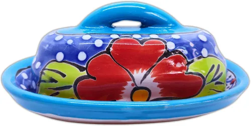 Miniatura 10 de Cuenco para Mantequilla de Cerámica Talavera con Tapa Pintada a Mano, Auténtica Cerámica Mexicana de Cocina, Diseño Floral (Rojo)