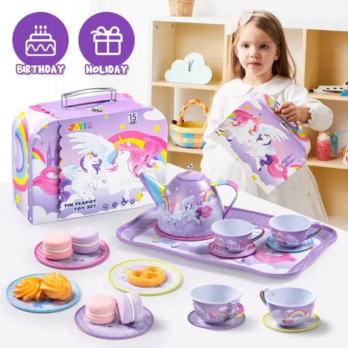 Miniatura 6 de JOYIN Juego de fiesta de té de unicornio para niñas pequeñas, juego de tetera de lata morada, juguete de cocina con tetera, taza, plato, funda