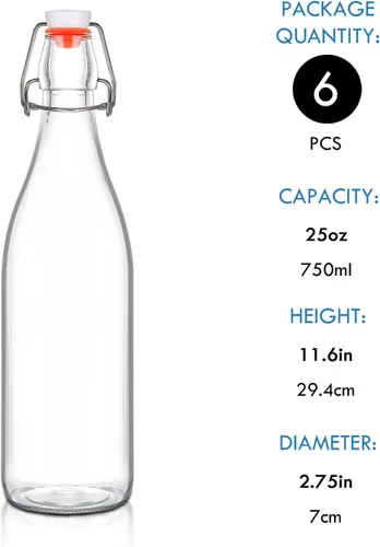 Miniatura 3 de Paquete de 6 botellas de vidrio con tapa abatible de 25 onzas, tapas herméticas para elaboración de cerveza casera, 2ª fermentación, kombucha
