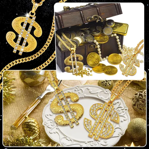 Miniatura 6 de Tatuo 2 piezas de cadena chapada para hombre con colgante de signo de dólar, collar de dólar hip hop