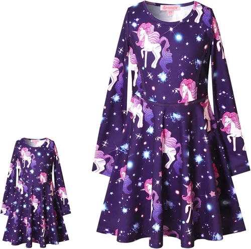Qpancy Vestidos a juego para muñecas y niñas, trajes de unicornio de manga larga, ropa de algodón