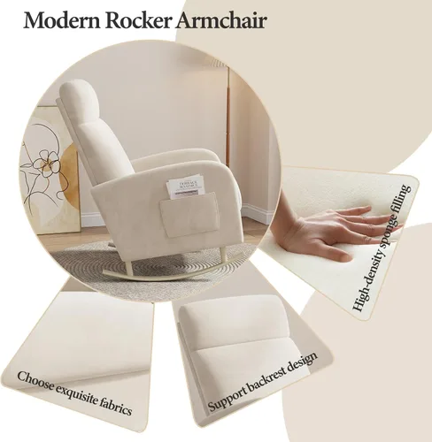 Miniatura 4 de HIPIHOM Mecedora para guardería, silla deslizante tapizada con bolsillo lateral, moderna silla de guardería con respaldo alto y patas de metal