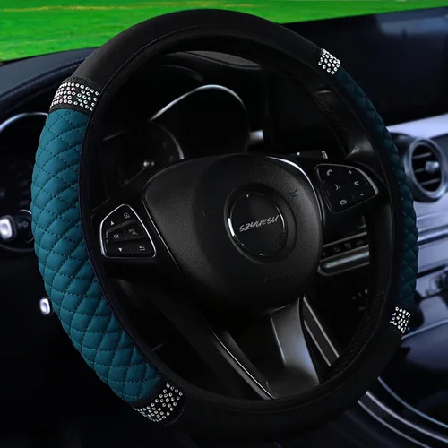 Miniatura 14 de Funda para volante de cuero suave brillante de 15 pulgadas con diamantes de imitación con brillos para mujeres y niñas – Accesorio elástico
