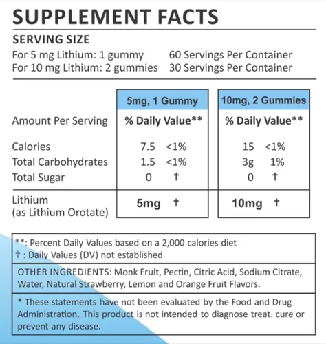 Miniatura 4 de Orotato de litio 5mg 10mg para hombres, mujeres y niños Orotato de litio clínicamente estudiado quelado alto biovalable 3 sabores sin azúcar