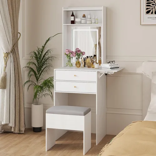 Miniatura 7 de ARTETHYS Juego de escritorio pequeño con 3 espejos iluminados ajustables y silla de almacenamiento, mini tocadores de maquillaje para espacio Blanco