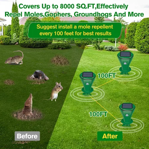 Miniatura 6 de Repelente de topos alimentado por energía solar, paquete de 4 repelente ultrasónico de gopher IP65 impermeable para césped, jardín, patio, repelente