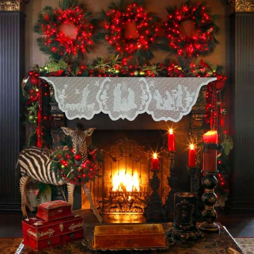 Miniatura 7 de Bufanda de Navidad para chimenea, cubierta de manto de pesebre de encaje blanco, guirnalda para decoración del hogar de vacaciones, sala de estar