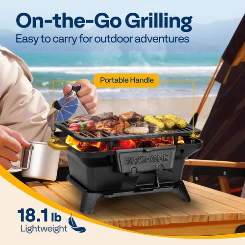 Miniatura 5 de VIVOHOME Parrilla de carbón rectangular de hierro fundido con rejilla de doble cara, parrilla de barbacoa portátil al aire libre, estufa de mesa