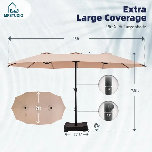 Miniatura 6 de MFSTUDIO Sombrilla de patio de 15 pies con base incluida, sombrilla rectangular grande de mercado de doble cara para exteriores con mango