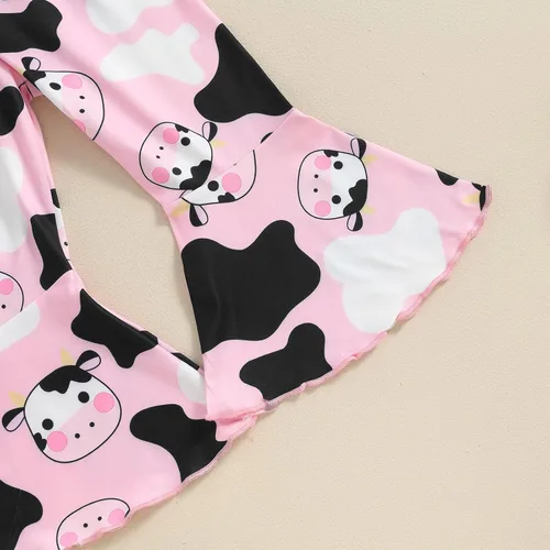 Miniatura 97 de fhutpw Conjunto de camiseta de manga corta con estampado de vaca y pantalones acampanados de dibujos animados para niñas