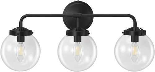 Miniatura 9 de Lámparas de Tocador de Baño Negras Sobre Espejo, Aplique de Pared Moderno Negro Mate de 3 Luces con Pantalla de Bola de Vidrio Transparente, Luces