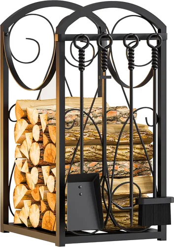 Miniatura 4 de Kingson Estante para leña con soportes de madera para interior, estante de herramientas para chimenea al aire libre, estante de leña, almacenamiento