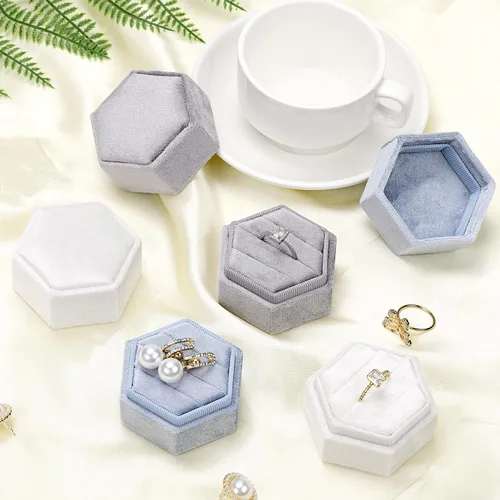 Miniatura 35 de WantGor Caja de joyería de terciopelo para anillos, caja de regalo con 3 ranuras, caja de regalo para anillos hexagonales vintage, para ceremonia