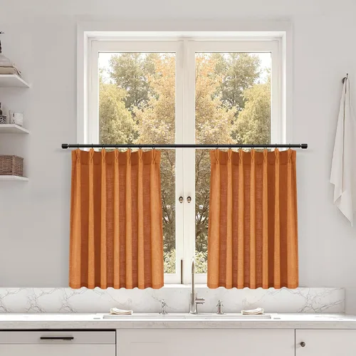 Miniatura 40 de Juego de 2 paneles de cortinas de ventana de cocina beige de 24 pulgadas de largo, con textura de lino, plisadas, filtrantes de luz, semi pequeñas