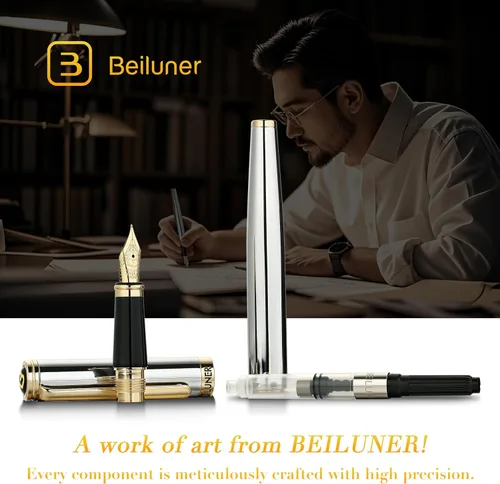 Miniatura 6 de BEILUNER Bolígrafo estilográfico cromado plateado, impresionante lujo con detalles de oro de 24 quilates, hermosa punta dorada de 24 quilates
