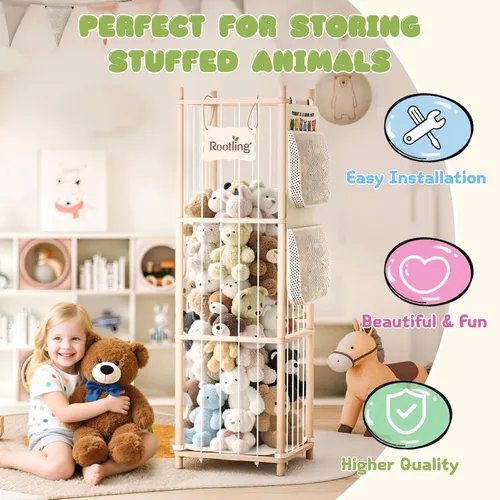 Miniatura 5 de Almacenamiento y organizador de animales de peluche, soporte de madera de 54 pulgadas de alto para juguetes de zoológico con bolsa de almacenamiento