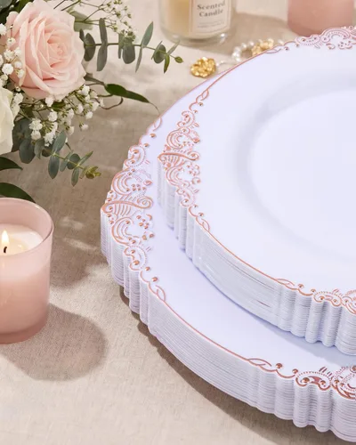 Miniatura 7 de Morejoy 100 platos de plástico, desechables, platos de postre de oro blanco y rosa de 7.5 pulgadas para bodas, fiestas y duchas rosa y oro