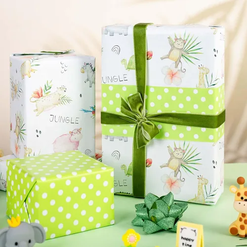 Miniatura 2 de Burymento Papel de regalo de animales, diseño reversible de lunares, envoltura de regalo para baby shower, cumpleaños, San Valentín, día