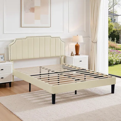 Miniatura 4 de VECELO Base de cama tapizada de terciopelo tamaño Queen con ribete de clavos, cabecera ajustable en altura copetuda, cama vintage con listones