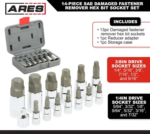 Miniatura 2 de ARES 31006 - Juego de llaves hexagonales para quitar sujetadores dañados SAE de 14 piezas, dados de acero de primera calidad para quitar sujetadores