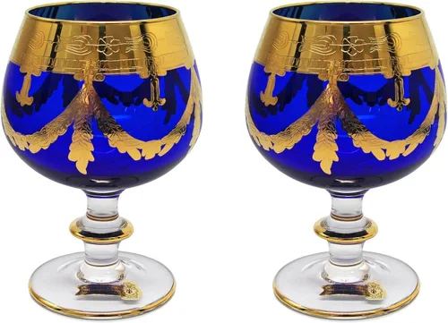 Italia, copas de coñac de cristal azul cobalto, diseño vintage, oro de 24 quilates decorado a mano, 10 onzas, juego de 2