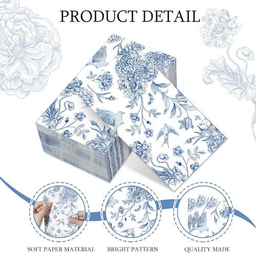 Miniatura 3 de Tatuo 200 piezas de servilletas de papel azul floral, toallas de mano desechables para baño, servilletas decorativas para invitados, papel