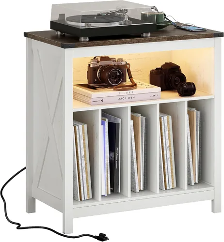 Miniatura 8 de ChooChoo Soporte grande para tocadiscos con estación de carga y luz LED, soporte para discos de vinilo con capacidad para hasta 300 álbumes, mesa