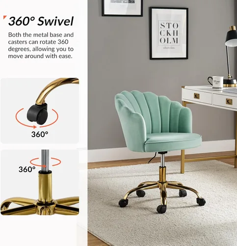 Miniatura 3 de HULALA HOME Silla de oficina en casa de terciopelo con base dorada, silla de escritorio tapizada moderna y linda de concha para mujer para tocador