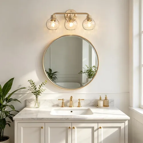 Miniatura 3 de Lámparas de baño doradas para tocador, 3 luces, apliques de pared, luces de latón cepillado con pantalla de vidrio martillado, lámpara de pared