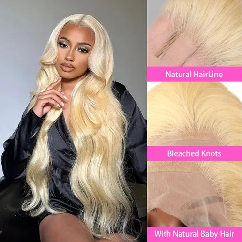 Miniatura 3 de Peluca de encaje frontal 613, cabello humano, 30 pulgadas, onda corporal, peluca frontal de encaje HD, rubia, predepilada, sin pegamento, densidad