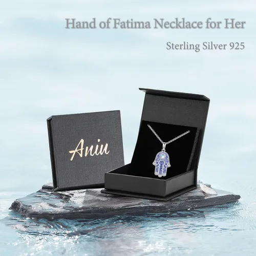 Miniatura 129 de Aniu Joyería de plata de ley 925 Hamsa de Fátima para mujer con circonita cúbica, viene con caja de regalo negra