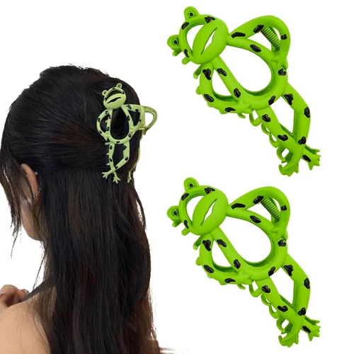 Paquete de 2 pinzas de metal grandes para cabello grueso y fino, pasadores antideslizantes de sujeción fuerte, bonito diseño de rana verde para