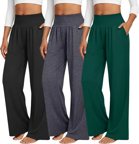 Miniatura 14 de Neer - Conjunto de 3 pantalones de yoga de pierna ancha para mujer - Pantalones deportivos cómodos, holgados, de cintura alta y casuales