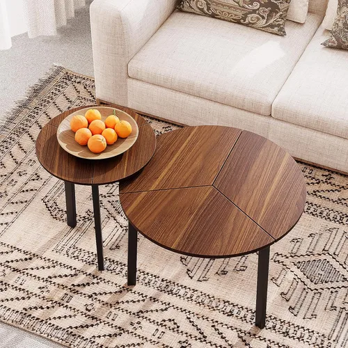 Miniatura 10 de COSIEST - Juego de mesa auxiliar redonda moderna y mesa auxiliar, tapa de madera con aspecto de mármol falso, patas de nogal y crema blanca, mesa