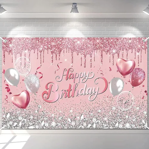 Avezano Telón de fondo de cumpleaños de oro rosa con globos de purpurina rosa y plateado - Cartel para sesión de fotos de cumpleaños de 16, 18, 21,