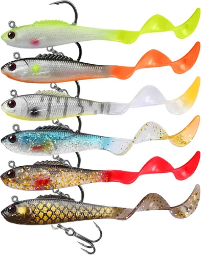 GOTOUR Pre-Rigged Soft Fishing Lures with Weedless Hook, Lifelike Paddle Tail Swimbaits for Bass Fishing, Freshwater & Saltwater Fishing Bait,