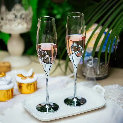 Miniatura 3 de Sziqiqi Juego de 2 copas de champán para boda, copas de flauta de tostado, con diamantes de imitación, decoración de corazones para bodas, Plata