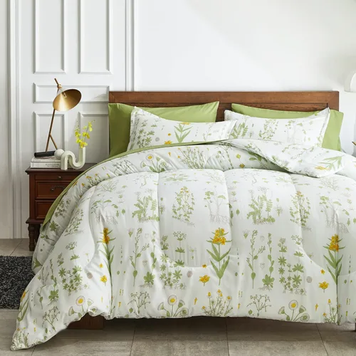 Joyreap - Juego de ropa de cama tamaño individual completo en una bolsa, 6 piezas, diseño botánico de flores amarillas y hojas verdes, juego de
