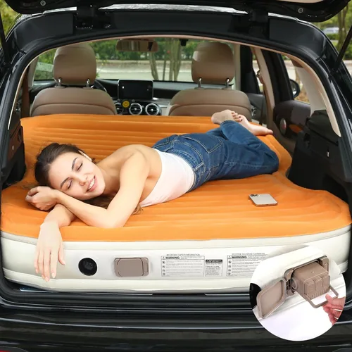 KMZ Colchón de aire SUV con bomba incorporada y 2 almohadas, PVC flocado grueso, cama de aire de inflado rápido de 90 segundos, cama de aire Naranja