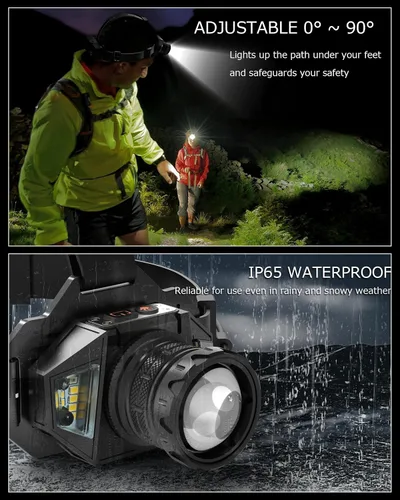 Miniatura 7 de Linterna frontal recargable con zoom y luz lateral roja, 4000LM con sensor de movimiento, luces de 3 colores, IP65, impermeable, 90°, ajustable
