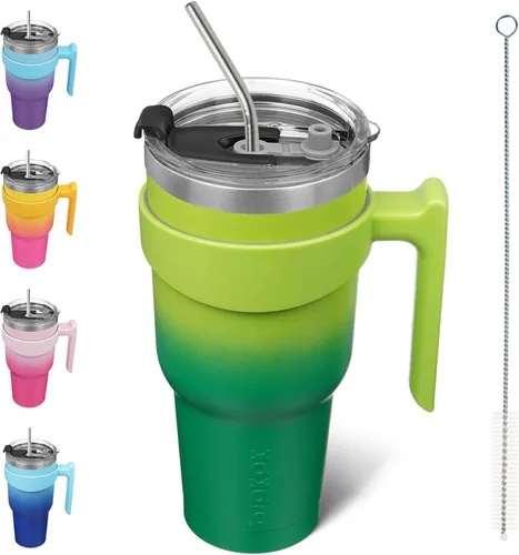 Miniatura 25 de BJPKPK Vaso con asa de acero inoxidable de 20 onzas, con aislamiento de doble pared, con tapa y pajita, color rosa claro A-rosa claro