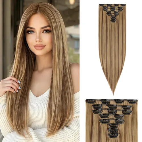 S-noilite 8pcs Clip In in Hair Extension Long Striaght Hairpieces for Women Double Weft Synthetic Hair Piece 18Inch #12H24 Honey Bronde Highlights