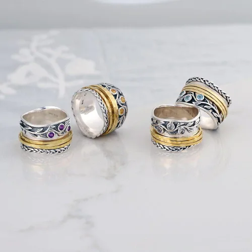 Miniatura 6 de Paz Creations - Anillos giratorios de plata de ley 925 para mujer con piedras preciosas naturales, banda gruesa con patrón martillado, joyería