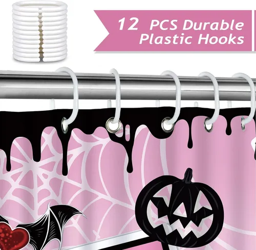 Miniatura 3 de Bonhause Cortina de ducha rosa de Halloween, divertido esqueleto aterrador, murciélago, decoración de baño gótica, 72 x 72 pulgadas, tela